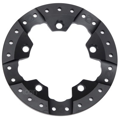 Disco circular preto com orifícios e recortes para uso mecânico