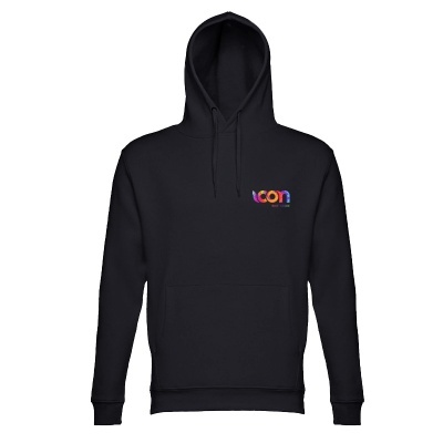 Casaco hoodie preto com capuz e logótipo colorido 'icon' no peito