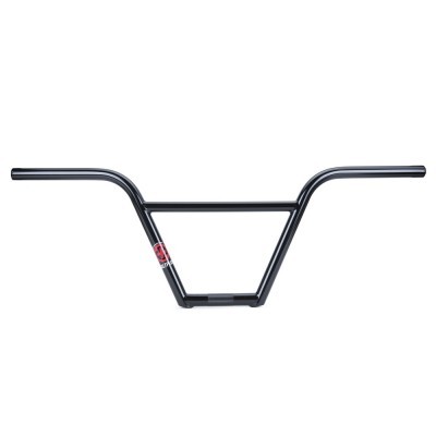 Guiador de bicicleta preto angular com etiqueta vermelha e branca