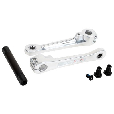 Conjunto de manivelas para bicicleta em alumínio prateado com eixo e parafusos pretos