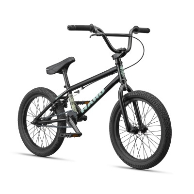 Bicicleta BMX preta com texto HARO azul claro no quadro