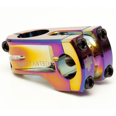 Peça metálica iridescente para bicicleta com parafusos pretos e gravação MUTANTBIKE