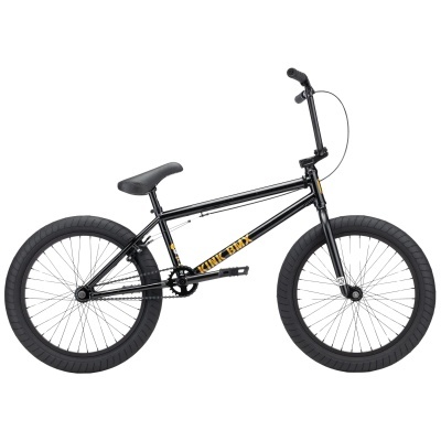 Bicicleta BMX preta com texto amarelo no quadro