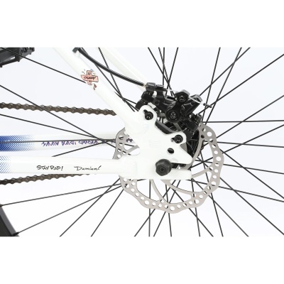 Detalhe do travão de disco traseiro numa bicicleta branca com texto no quadro
