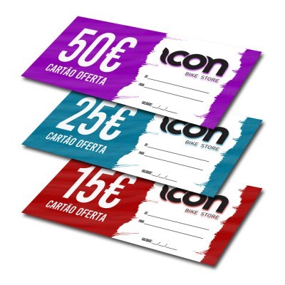 Cartões oferta Icon Bike Store nos valores de 50€, 25€ e 15€ em cores roxo, azul e vermelho
