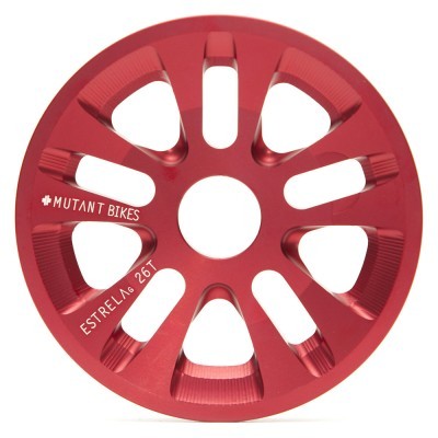 Peça circular vermelha para bicicleta com inscrições MUTANT BIKES e ESTRELA 26T