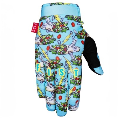 Luvas desportivas FIST com padrão colorido e texto FIST