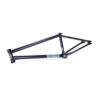 Estrutura preta de bicicleta BMX com detalhes brancos