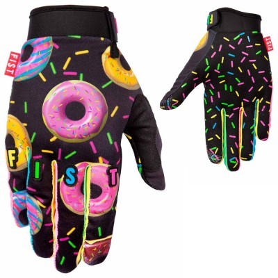 Luvas pretas com estampado de donuts coloridos e confetes