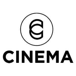 Logótipo preto de cinema com letras estilizadas e texto CINEMA