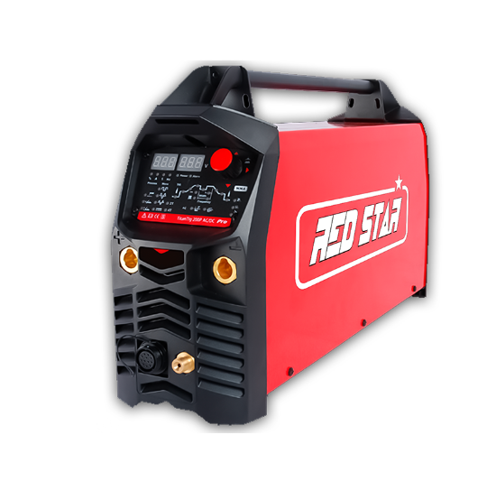 Soldador portátil vermelho e preto com painel digital e logótipo RED STAR