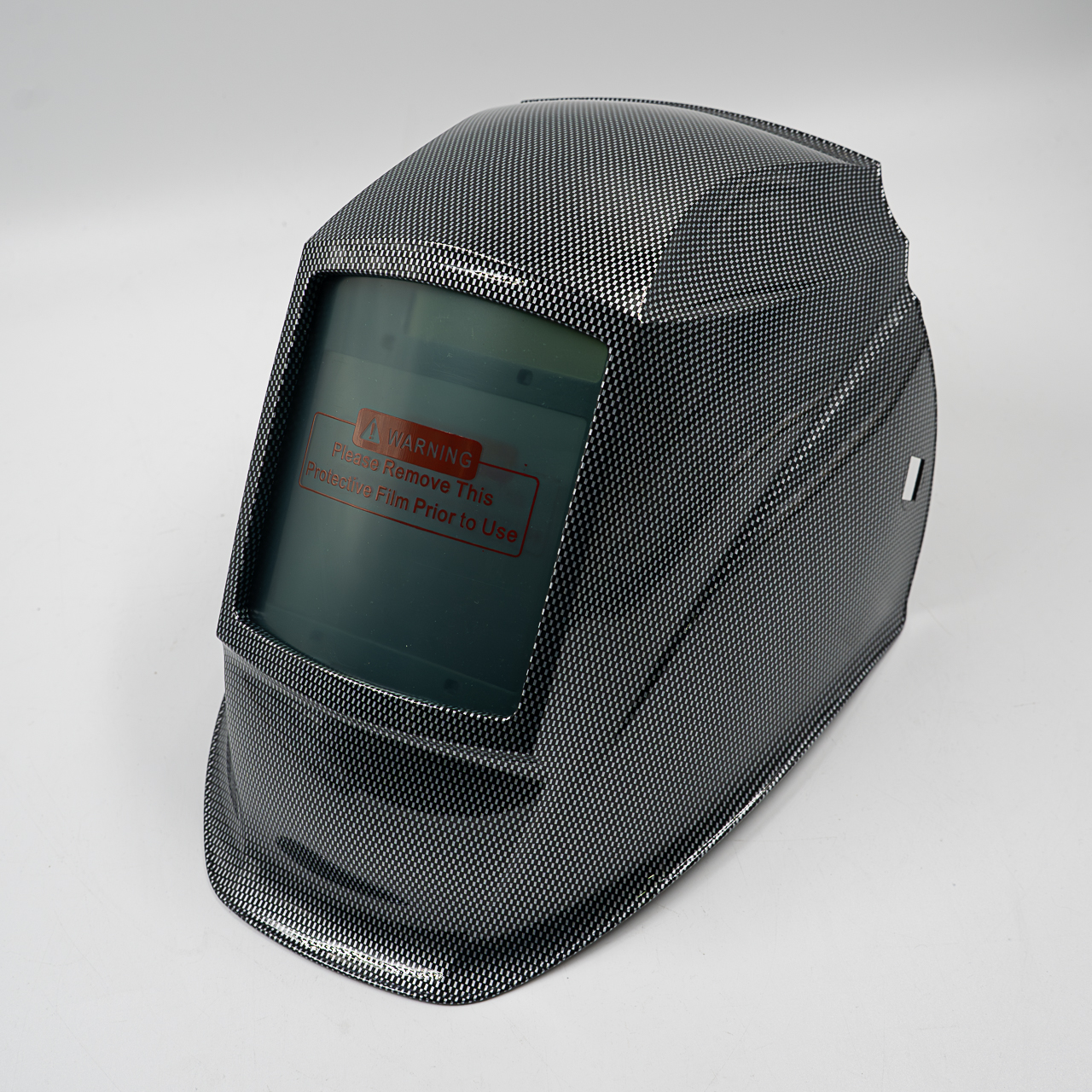 Máscara de soldadura cinza e preta com ecrã verde e etiqueta de aviso vermelha