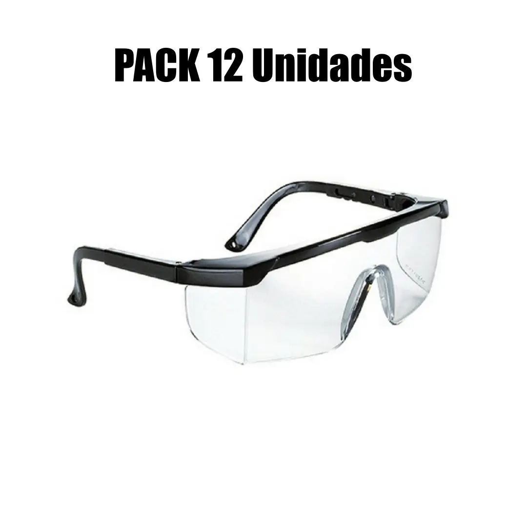 Óculos de proteção com armação preta e lentes transparentes com texto PACK 12 Unidades