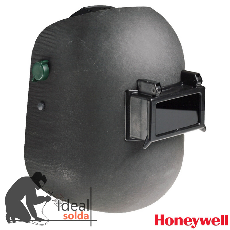 Máscara de soldadura preta com visor escuro e texto Ideal solda e Honeywell