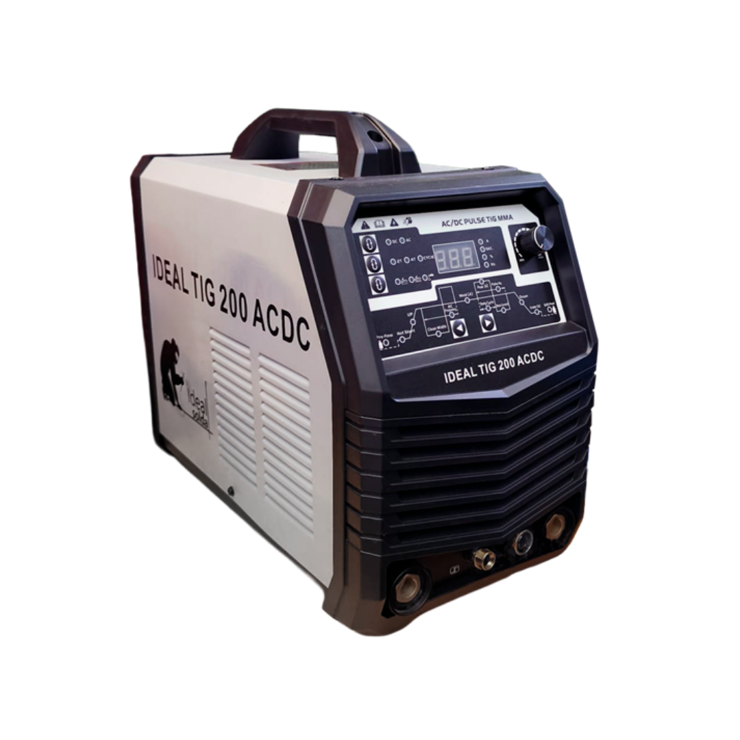 Máquina de soldar IDEAL TIG 200 ACDC cinza e preta com painel digital