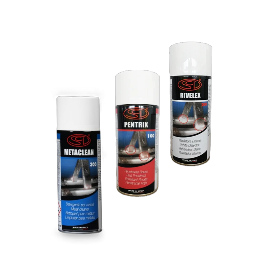 Três latas de spray para tratamento de metais, rótulos diferentes, em fundo branco