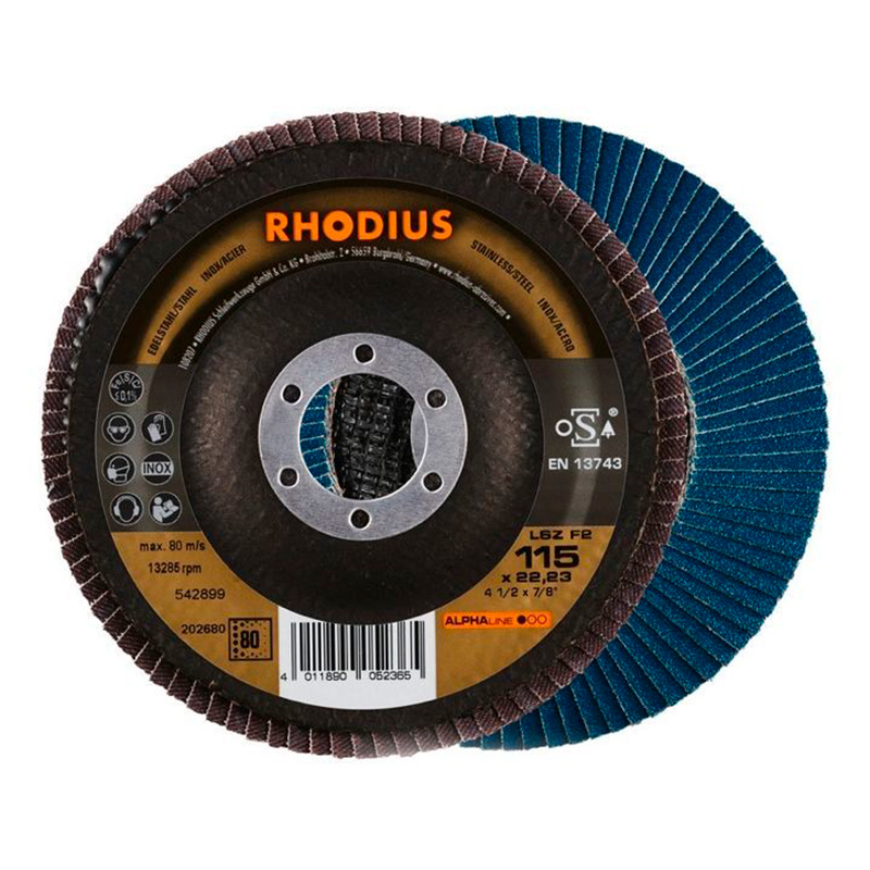 Discos abrasivos RHODIUS com etiquetas preta e laranja