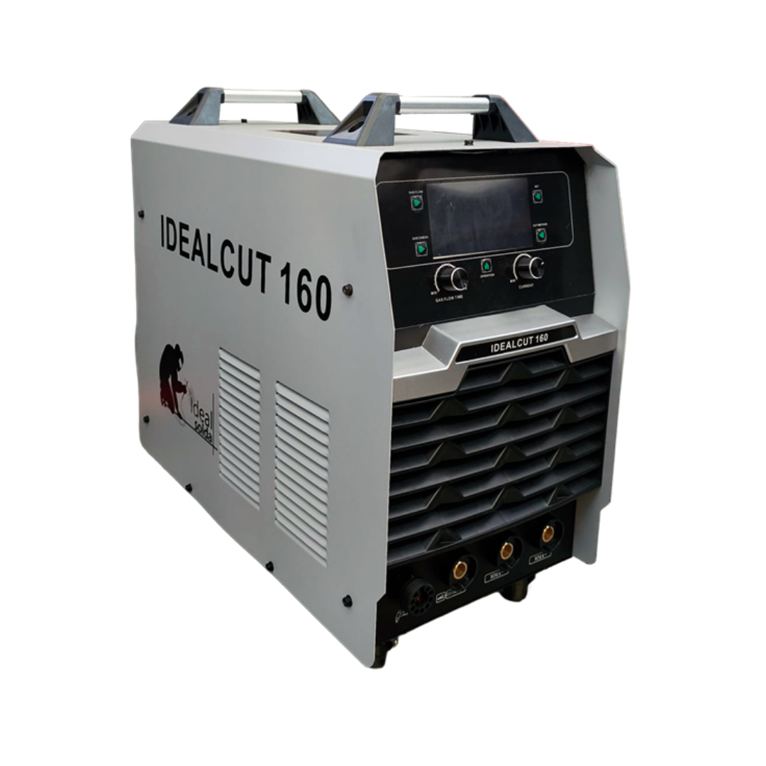 Máquina corte plasma IDEALCUT 160 cinza e preto com painel de botões e visor