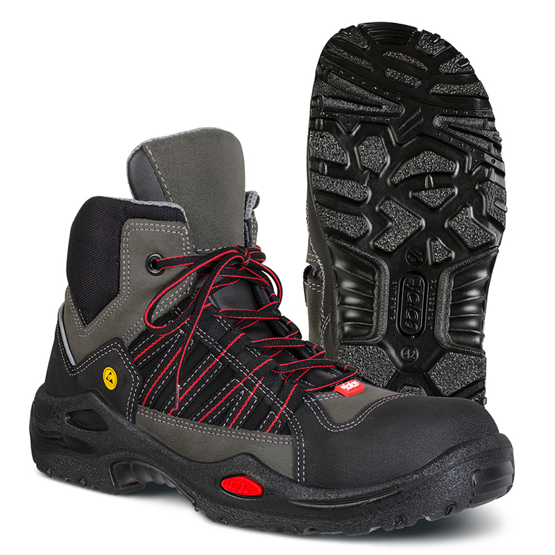 Bota de segurança preta com detalhes em cinza e atacadores vermelhos