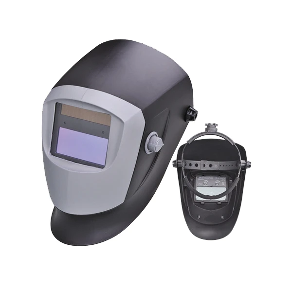 Capacete de soldadura preto e cinzento com viseira azul