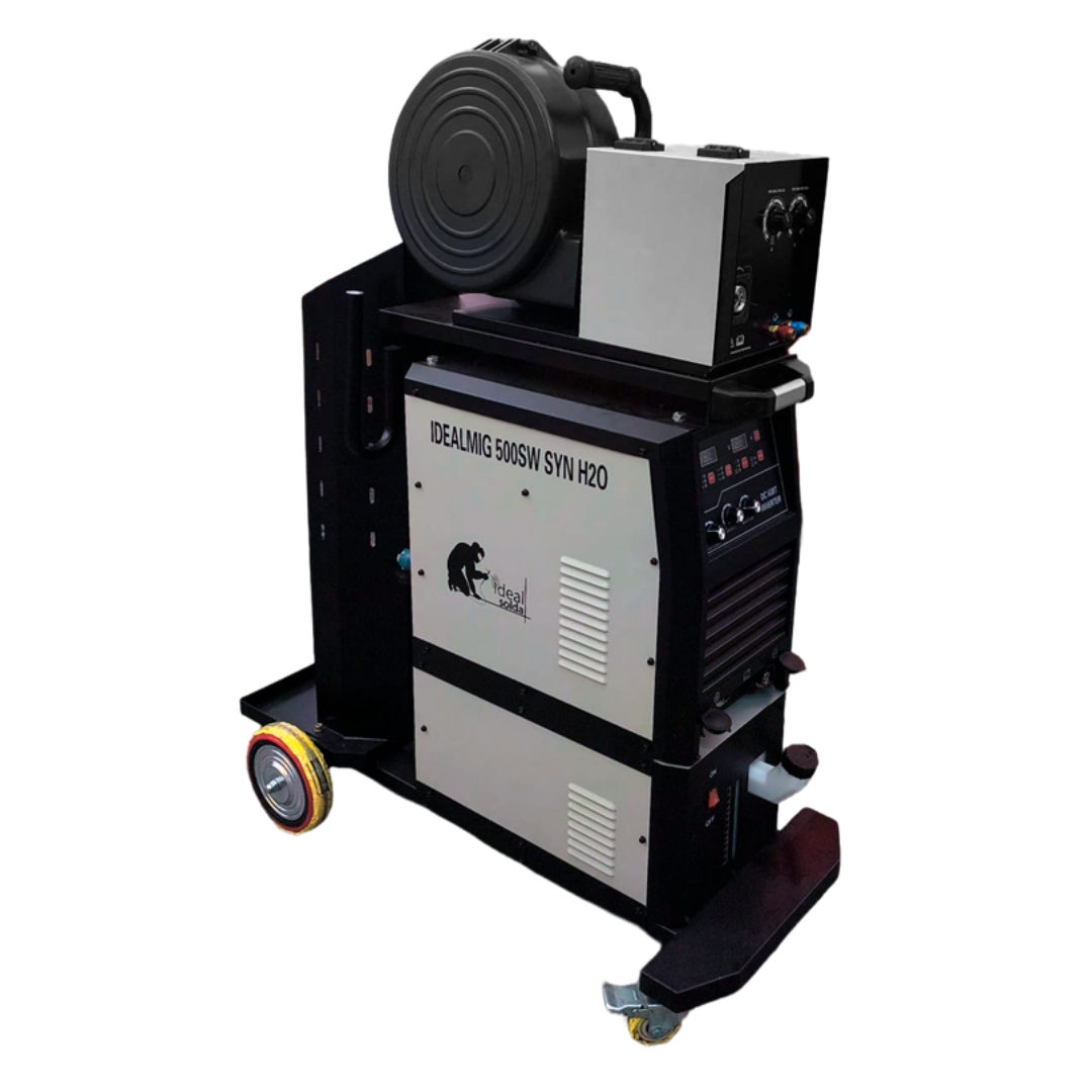 Máquina de soldadura IDEALMIG 500SW SYN H2O preta e cinza com rodas e painel de controlo