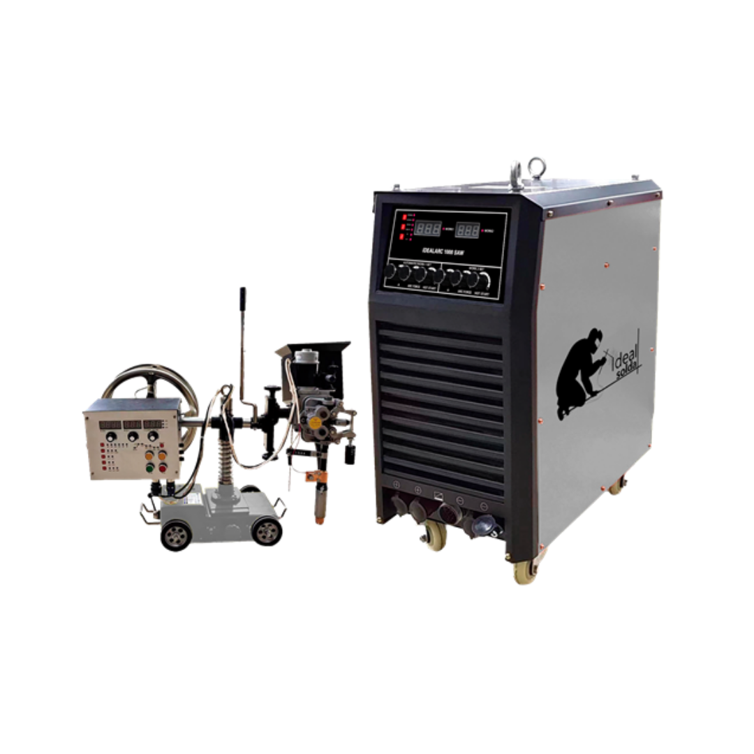 Máquina de soldadura industrial automatizada cinza e preta com painel digital