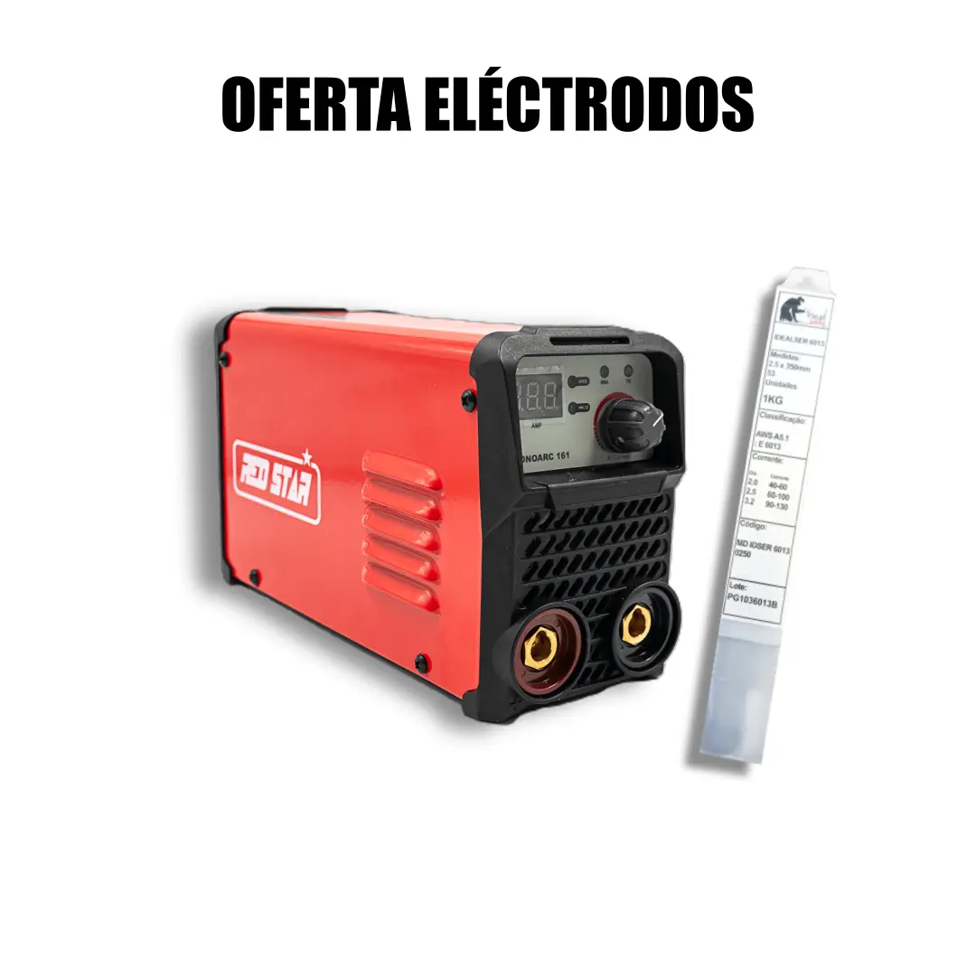 Máquina de soldar vermelha e pacote de eletrodos com texto Oferta Eléctrodos
