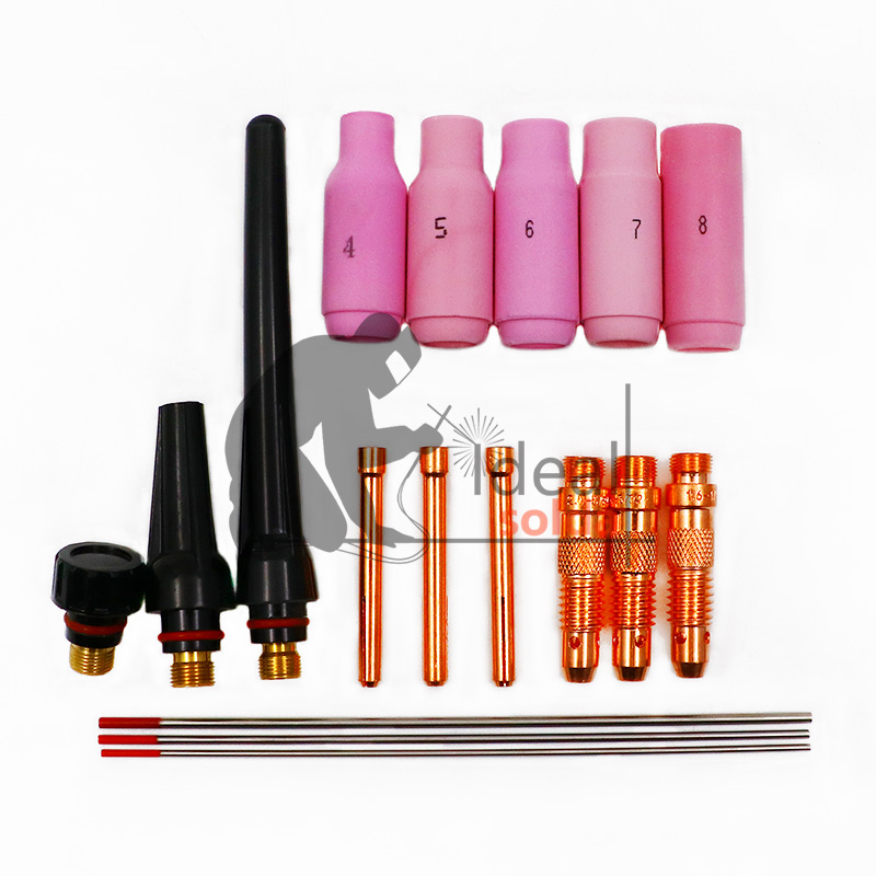 Conjunto de acessórios para soldagem com bocais rosa e componentes metálicos e pretos