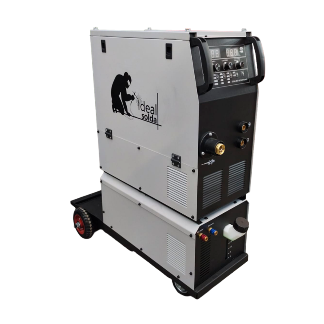 Máquina de soldar Ideal Solda cinza e preta com painel digital e rodas