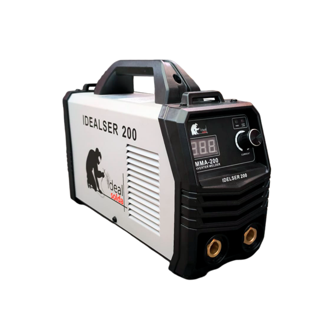 Máquina de soldar MMA-200 IDEALSER 200, corpo metálico branco e preto.