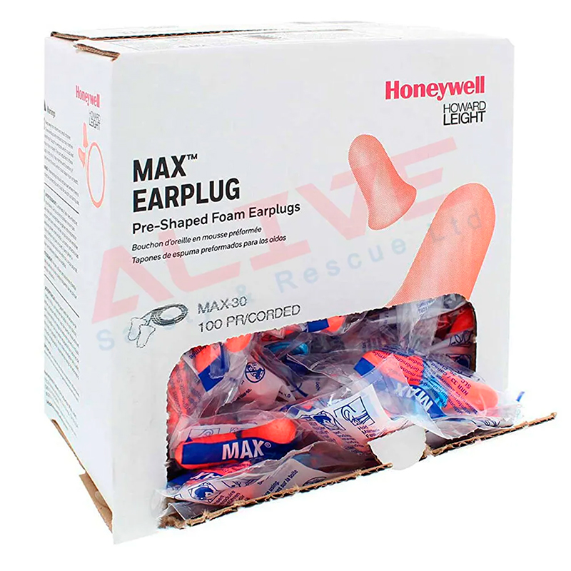 Embalagem branca de tampões auditivos MAX Earplug em espuma laranja da Honeywell Howard Leight