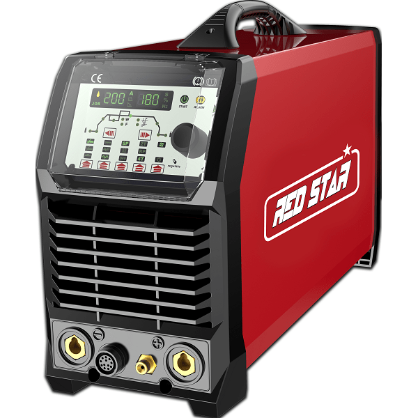 Máquina de soldar digital vermelha e preta com visor e conetores frontais