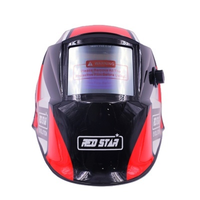 Máscara de soldadura preta com detalhes vermelhos e visor prateado com aviso