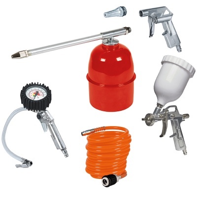 Conjunto de acessórios pneumáticos com pistola de pintura, pistola de ar, manómetro, recipiente vermelho e mangueira laranja