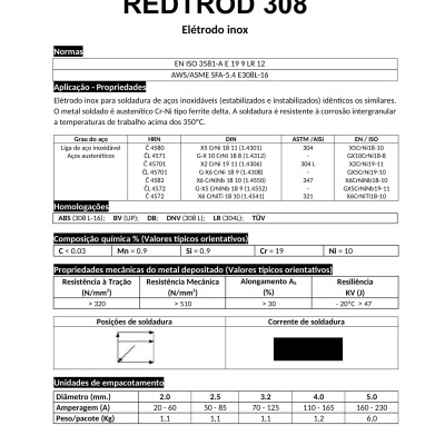 Ficha técnica do eletrodo inox Redtrod 308 da Ideal Solda com normas, propriedades e dados técnicos