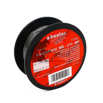 Carretel preto com fio de solda e etiqueta vermelha com texto técnico