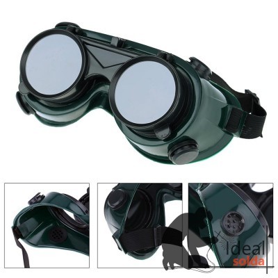 Óculos de proteção verdes escuros com lentes redondas e tiras elásticas ajustáveis