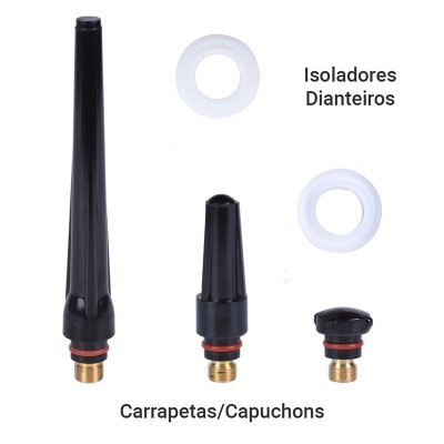 Conjunto de carrapetas e isoladores dianteiros em fundo branco.