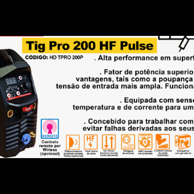 máquina Tig Pro 200 HF Pulse com texto explicativo em português