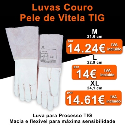 Luvas de couro de pele de vitela brancas e cinzentas para processo TIG com tamanhos e preços exibidos