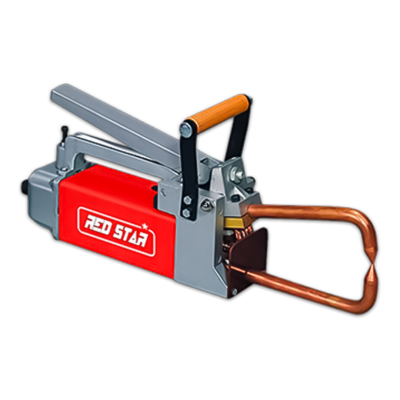 Máquina manual metálica com base vermelha e texto WHITE STAR, alça de madeira e hastes de cobre.