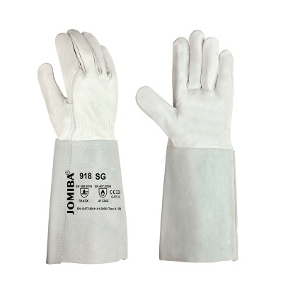 Luvas de proteção de couro branco e cinza com punho longo e marcações impressas.