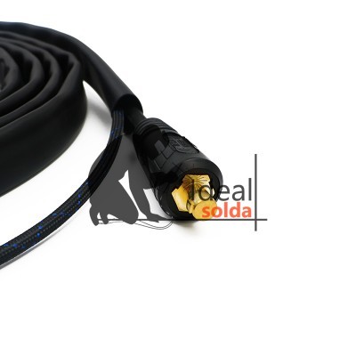 Cabo preto com conector dourado e texto 'Ideal solda'
