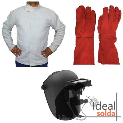 Casaco cinza claro, luvas vermelhas de couro e capacete preto de soldagem com o logo 'ideal solda'