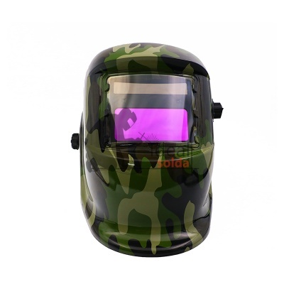 Capacete de solda camuflado com visor roxo