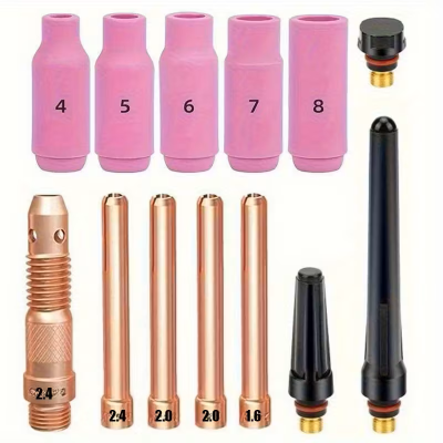 Conjunto de peças para soldagem TIG incluindo bocais cerâmicos rosa, eletrodos de cobre e bicos pretos.