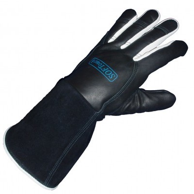 Luva de proteção preta com texto SOFTOILE azul na parte superior da mão