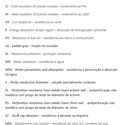 Texto bilingue em inglês e português sobre características técnicas de calçado