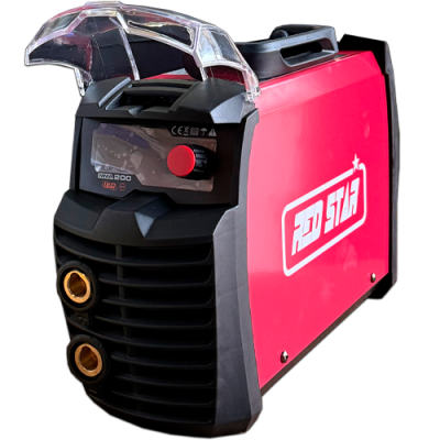 Máquina soldadora vermelha Red Star com painel frontal preto e botão vermelho