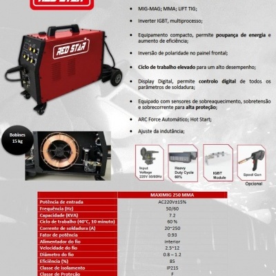 Equipamento de soldadura Red Star MAXIMIG 250 MMA vermelho e preto com especificações técnicas em português